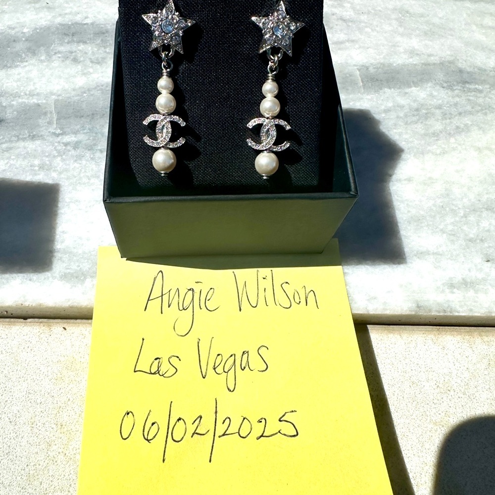 CHANEL Silver White Pearl Accent Earrings